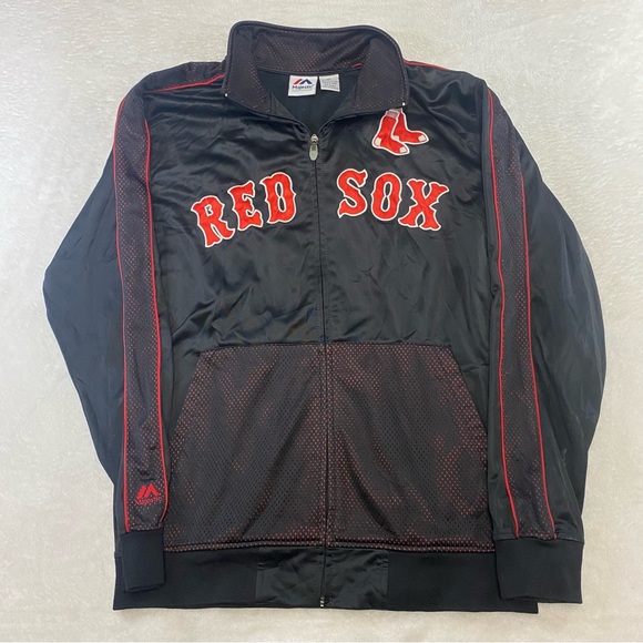 Majestic Boston Red Sox Full Zip Jacket Black Red Mesh Embroidered Men Med Tall - Picture 1 of 9